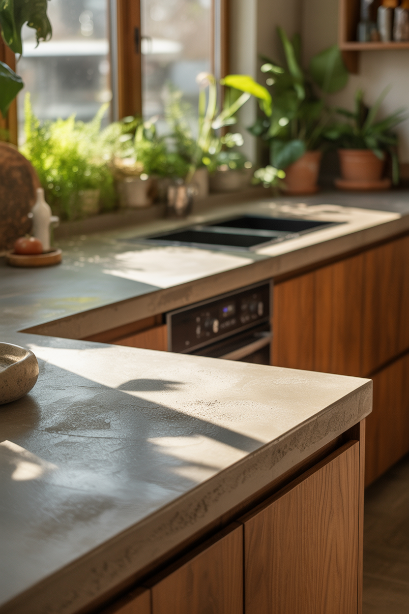 Concrete countertop installation in kitchen